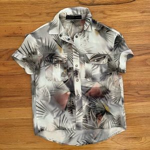 Rare All Saints octavia colada silk shirt pearl snap palm print